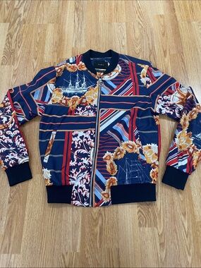ZARA Men’s-Navy, Red & Gold Nautical Print Bomber Jacket